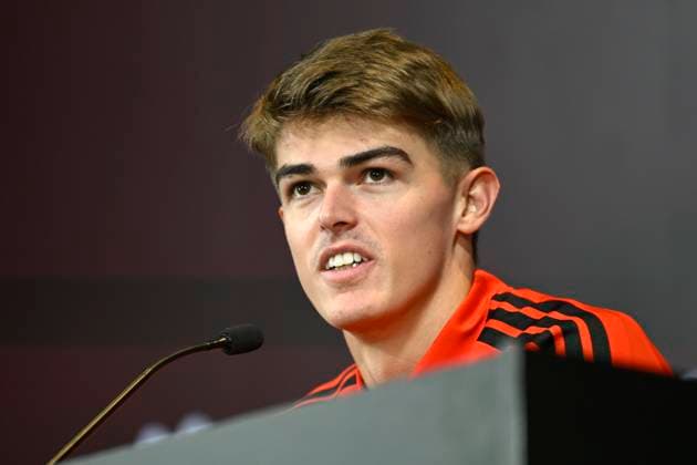 Kazakhstan v Belgium - FIFA World Cup, WM, Weltmeisterschaft, Fussball 2026 UEFA Qualifier - Media Activities 12 11 2025 TUBIZE, BELGIUM - NOVEMBER 12 : De Ketelaere Charles midfielder of Belgium talking to the press during a press conference, PK, Pressekonferenz at the Football Center Base Camp ahead of the FIFA World Cup 2026 European Qualifiers match between Kazakhstan and Belgium on November 12, 2025 in Tubize, Belgium, 12 11 2025 Tubize Belgium  Copyright: xJanxDexMeuleneirx