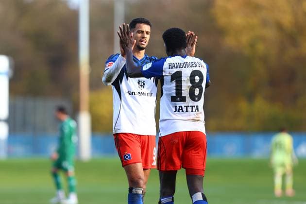18 Bakery Jatta Hamburger SV celebrates his goal for 3 0 together with 9 Robert Glatzel Football I Men I Friendly match I Season 2025 2026 I Hamburger SV FC Groningen I 12 11 2025 I Training ground Volksparkstadion