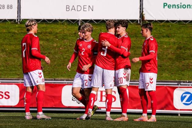 Baden, Switzerland, November 12th 2025: Jacob Ambaek (20 Denmark) celebrates with teammates after scoring his teams second goal during the UEFA European Qualifiers U19 football match between Denmark and San Marino at ESP Baden in Baden, Switzerland: (Daniela Porcelli SPP) Copyright: xDanielaxPorcellix xSPPx spp-en-DaPoSp-20251112-DP108724