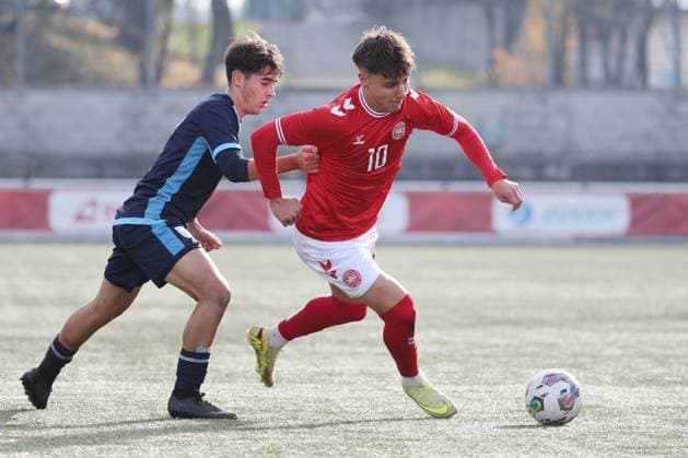 U19 Denmark San Marino Luca Pasolini vs Olti Hyseni 12 11 2025 Stadion Esp Baden AG, SWITZERLAND, Season 2025 2026 Men Soccer UEFA U19 European Championship Qualifier Denmark San Marino Luca Pasolini li,San Marino vs Olti Hyseni Denmark