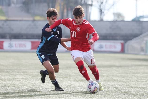 U19 Denmark San Marino Luca Pasolini vs Olti Hyseni 12 11 2025 Stadion Esp Baden AG, SWITZERLAND, Season 2025 2026 Men Soccer UEFA U19 European Championship Qualifier Denmark San Marino Luca Pasolini li,San Marino vs Olti Hyseni Denmark