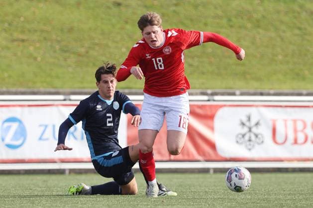 U19 Denmark San Marino Gabriele Montali vs Sofus Johannesen 12 11 2025 Stadion Esp Baden AG, SWITZERLAND, Season 2025 2026 Men Soccer UEFA U19 European Championship Qualifiers Denmark San Marino Gabriele Montali li,San Marino vs Sofus Johannesen Denmark