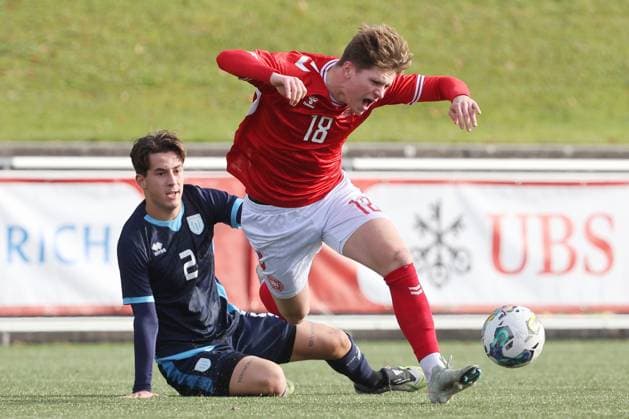 U19 Denmark San Marino Gabriele Montali vs Sofus Johannesen 12 11 2025 Stadion Esp Baden AG, SWITZERLAND, Season 2025 2026 Men Soccer UEFA U19 European Championship Qualifiers Denmark San Marino Gabriele Montali li,San Marino vs Sofus Johannesen Denmark