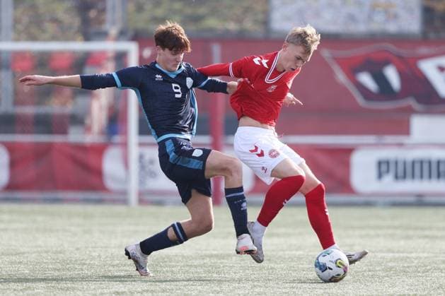 U19 Denmark San Marino Giacomo Grandoni vs Frej Elkjaer Andersen 12 11 2025 Stadion Esp Baden AG, SWITZERLAND, Season 2025 2026 Men Football UEFA U19 European Championship Qualifiers Denmark San Marino Giacomo Grandoni up front,San Marino vs Frej Elkjaer Andersen Denmark