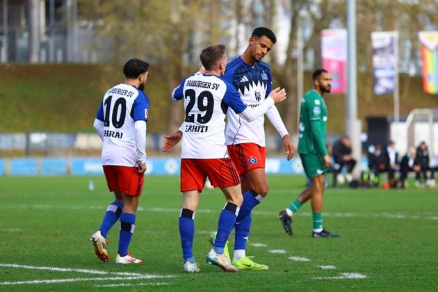29 Emir Sahiti Hamburger SV celebrates his goal for 1 0 together with 9 Robert Glatzel Football I Men I Friendly match I Season 2025 2026 I Hamburger SV FC Groningen I 12 11 2025 I Training ground Volksparkstadion