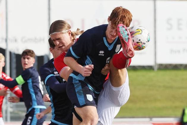 U19 Denmark San Marino Gustav Schjott vs Giacomo Grandoni 12 11 2025 Stadion Esp Baden AG, SWITZERLAND, Season 2025 2026 Men Soccer UEFA U19 European Championship Qualification Denmark San Marino Gustav Schjott li,Denmark vs Giacomo Grandoni San Marino