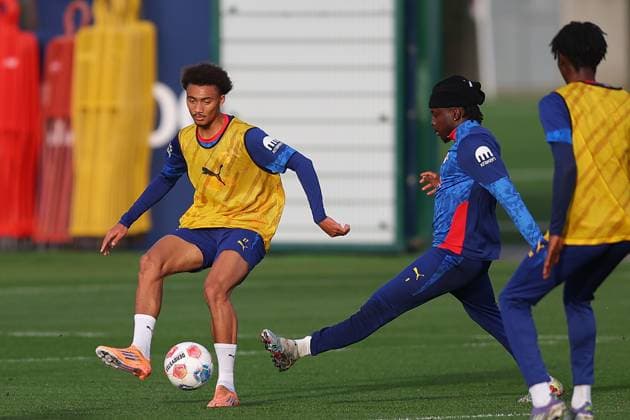 Training RB Leipzig Bundesliga Leipzig, 12 11 2025, Training center at Cottaweg, Season 2025 2026, Football, Men, 1 Bundesliga , Training RB Leipzig , In the picture from l Tidiam Gomis and Johan Bakayoko ,