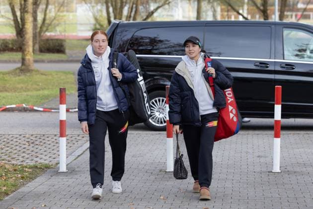 Billie Jean King Cup 2025 Play Offs, TC Ismaning, Munich, Germany, Team Germany, Arrival of the players L R Ella Seidfel and Eva Lys on the court, Copyright: xJuergenxHasenkopfx