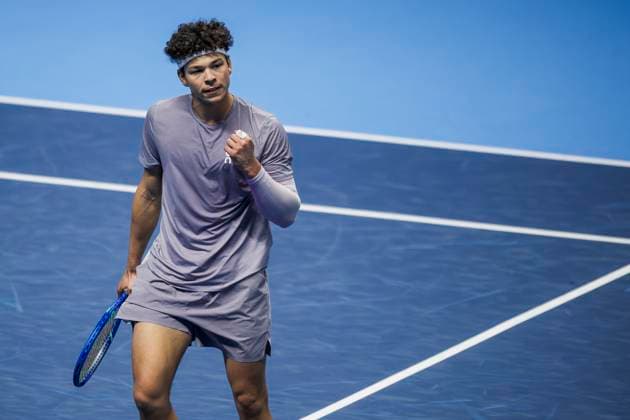 Nitto ATP, Tennis Herren Finals 2025 - Day Four Ben Shelton of USA celebrates during his round robin singles match against Felix Auger-Aliassime of Canada during day four of the Nitto ATP Finals 2025. Felix Auger-Aliassime won 4-6, 7-6(7), 7-5. Turin Italy Copyright: xNicolòxCampox