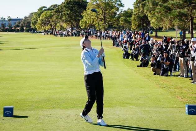 November 12, 2025, Belleair, Florida, USA: Indiana Fever guard Caitlin Clark reacts, after she tees off on hole one during The ANNIKA driven by Gainbridge Pro-Am at the Pelican Golf Club at on Wednesday, Nov. 12, 2025, in Belleair. Belleair USA - ZUMAs70_ 20251112_zan_s70_010 Copyright: xJeffereexWoox
