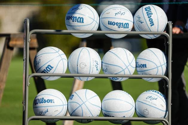 November 12, 2025, Belleair, Florida, USA: A rack of basketball with a replica Indiana Fever guard Caitlin Clark autograph wait to be used on the 10th hole during The ANNIKA driven by Gainbridge Pro-Am at the Pelican Golf Club at on Wednesday, Nov. 12, 2025, in Belleair. Belleair USA - ZUMAs70_ 20251112_zan_s70_013 Copyright: xJeffereexWoox