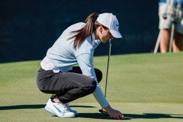 November 12, 2025, Belleair, Florida, USA: Indiana Fever guard Caitlin Clark lines up her ball for a putt on the 12th hole during The ANNIKA driven by Gainbridge Pro-Am at the Pelican Golf Club at on Wednesday, Nov. 12, 2025, in Belleair. Belleair USA - ZUMAs70_ 20251112_zan_s70_033 Copyright: xJeffereexWoox