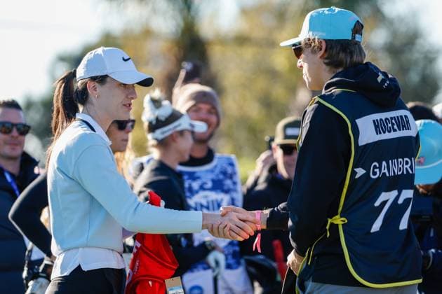 November 12, 2025, Belleair, Florida, USA: Indiana Fever guard Caitlin Clark greets NASCAR, Motorsport, USA driver Carson Hocevar during The ANNIKA driven by Gainbridge Pro-Am at the Pelican Golf Club at on Wednesday, Nov. 12, 2025, in Belleair. Belleair USA - ZUMAs70_ 20251112_zan_s70_004 Copyright: xJeffereexWoox