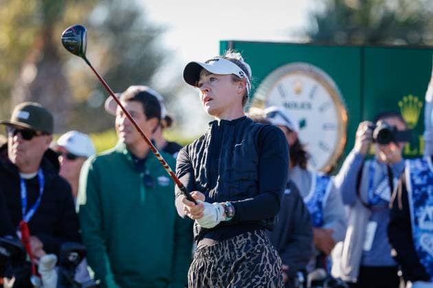 November 12, 2025, Belleair, Florida, USA: LPGA, Golf Damen pro golfer Nelly Korda hits off the tee on hole one during The ANNIKA driven by Gainbridge Pro-Am at the Pelican Golf Club at on Wednesday, Nov. 12, 2025, in Belleair. Belleair USA - ZUMAs70_ 20251112_zan_s70_006 Copyright: xJeffereexWoox