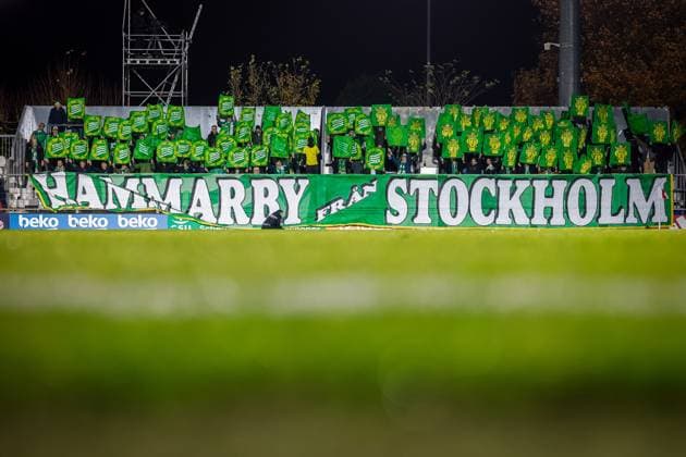 AMSTERDAM , 12-11-2025 , Sportpark de Toekomst , season 2025 2026 , UEFA Women™s Europa Cup , Round of 16 1st leg , match between Ajax and Hammarby (women) , picture shows away stand with fans of Hammarby Ajax - Hammarby (women)  x31997328x Copyright: