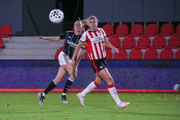 12 11 2025, xgrfx, Football UEFA Women s Europa Cup 1 8, PSV Eindhoven Eintracht Frankfurt v l Laura Freigang Eintracht Frankfurt , Anissa Chibani PSV Eindhoven DFL DFB REGULATIONS PROHIBIT ANY USE OF PHOTOGRAPHS as IMAGE SEQUENCES and or QUASI VIDEO De Herdgang