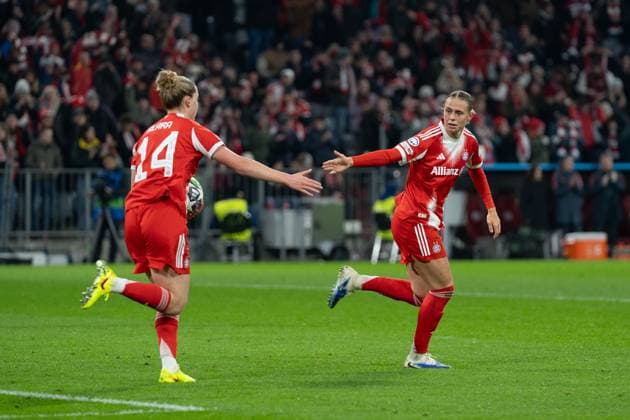 Alara Sehitler 14 Bayern and Klara Bühl 17 FC Bayern celebrate the 1-2 goal during the UEFA Womens Champions League match FC Bayern Munich Arsenal Women FC on 12 11 2025 Munich Allianz Arena Bayern Germany