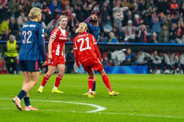 Alara Sehitler 14 Bayern and Pernille Harder 21 Bayern celebrate the goal for 2 2 during the UEFA Womens Champions League match FC Bayern Munich Arsenal Women FC on 12 11 2025 Munich Allianz Arena Bayern Germany