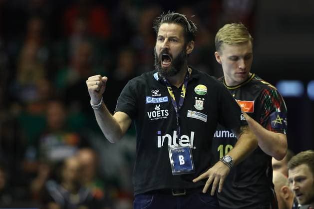 12 11 2025, xtgx, Handball, EHF Champions League, SC Magdeburg HC Zagreb v l Bennet Wiegert Magdeburg, coach jubilation, goal celebration, celebrate the goal, celebration Magdeubrg