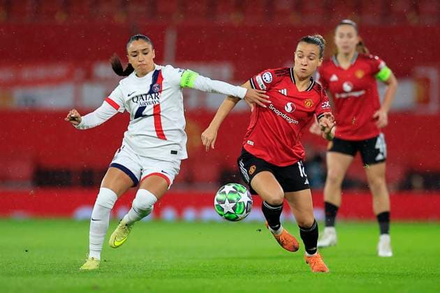 Manchester United, ManU Women v Paris Saint-Germain Feminine UEFA Women s Champions League 12 11 2025. Julia Zigiotti Olme (18) of Manchester United and Sakina Karchaoui (7) of Paris St Germain challenge for the ball during the UEFA Women s Champions League match between Manchester United Women and Paris Saint-Germain Feminine at Old Trafford, Manchester, England on 12 November 2025. Manchester Old Trafford Greater Manchester England Editorial use only , Copyright: xConorxMolloyx PSI-23211-0022