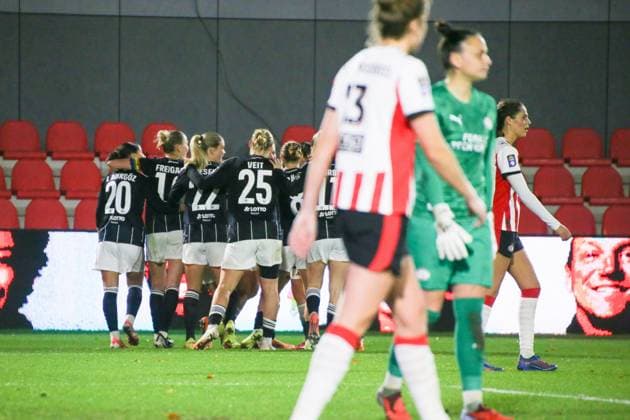 12 11 2025, xgrfx, Football UEFA Women s Europa Cup 1 8, PSV Eindhoven Eintracht Frankfurt v l Tor, Remina Chiba Eintracht Frankfurt DFL DFB REGULATIONS PROHIBIT ANY USE OF PHOTOGRAPHS as IMAGE SEQUENCES and or QUASI VIDEO De Herdgang