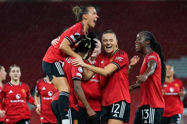 Manchester United, ManU Women v Paris Saint-Germain Feminine UEFA Women s Champions League 12 11 2025. Melvine Malard (9) of Manchester United celebrates scoring to make it 1-0 with Fridolina Rolfo (12) of Manchester United during the UEFA Women s Champions League match between Manchester United Women and Paris Saint-Germain Feminine at Old Trafford, Manchester, England on 12 November 2025. Manchester Old Trafford Greater Manchester England Editorial use only , Copyright: xConorxMolloyx PSI-23211-0030