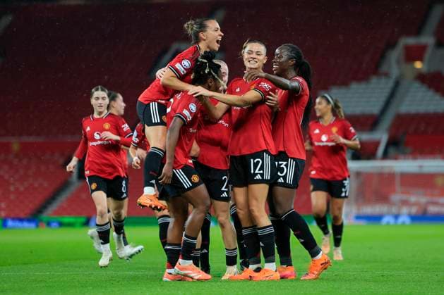 Manchester United, ManU Women v Paris Saint-Germain Feminine UEFA Women s Champions League 12 11 2025. Melvine Malard (9) of Manchester United celebrates scoring to make it 1-0 with Fridolina Rolfo (12) of Manchester United during the UEFA Women s Champions League match between Manchester United Women and Paris Saint-Germain Feminine at Old Trafford, Manchester, England on 12 November 2025. Manchester Old Trafford Greater Manchester England Editorial use only , Copyright: xConorxMolloyx PSI-23211-0031