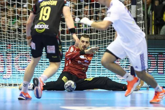 12 11 2025, xtgx, Handball, EHF Champions League, SC Magdeburg HC Zagreb v l Matej Mandic Magdeburg, 12 Parade, holds the ball, catches the ball, parries Magdeubrg