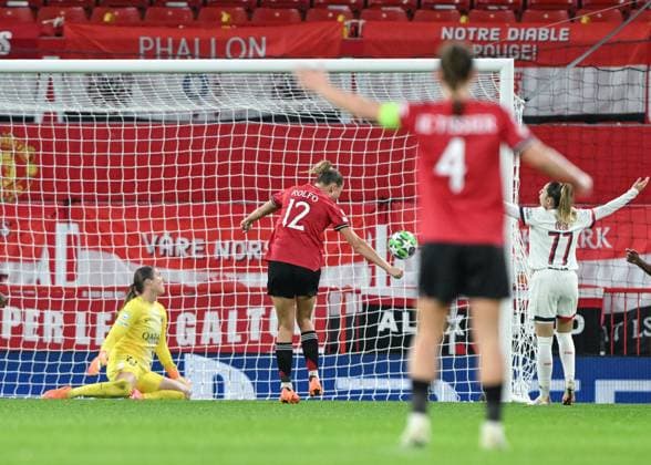 Manchester, England, 12th November 2025. Fridolina Rolfo of Manchester United, ManU scores her sides second goal during the Manchester United Women vs Paris St Germain Women UEFA Womens Champions League match at Old Trafford, Manchester. Picture credit should read: Cody Froggatt Sportimage EDITORIAL USE ONLY. No use with unauthorised audio, video, data, fixture lists, club league logos or live services. Online in-match use limited to 120 images, no video emulation. No use in betting, games or single club league player publications. SPI_038_CF_MANCHESTER_UTD_WOMEN_V_PARIS_ST_GERMAIN_WOMEN SPI-4282-0038