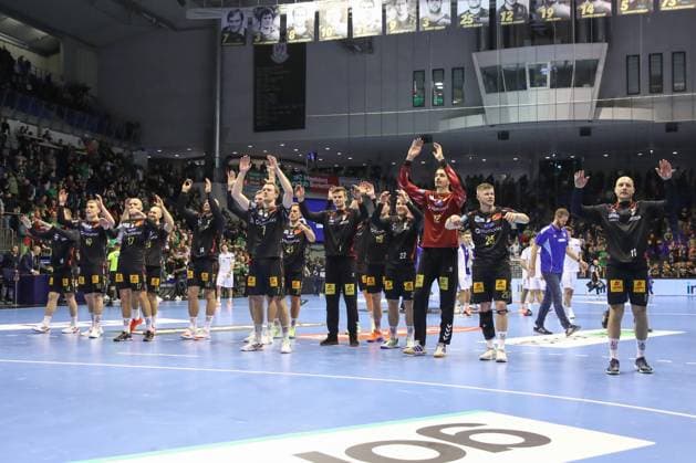 12 11 2025, xtgx, Handball, EHF Champions League, SC Magdeburg HC Zagreb v l Magdeburg Cheering for the win, cheering after the end of the match Magdeubrg