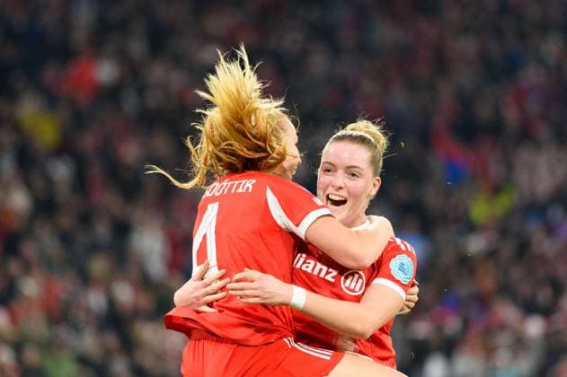 Glodis Viggosdottir (4 FC Bayern Munich) and Alara Sehitler (14 FC Bayern Munich) celebrating after the second goal during the UEFA Womens Champions League league phase match between FC Bayern Munich and Arsenal WFC at Allianz Arena in Munich, Germany. Copyright: xSvenxBeyrich SPPx Sportspressphoto_SPR61216