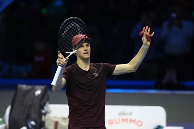 November 12, 2025, Turin, Piedmont, Italy: JANNIK SINNER of Italy celebrates defeating Alexander Zverev of Germany in two straight sets 6:4 6:3 in the Men s Singles round robin game of the ATP, Tennis Herren Tennis Finals in Turin, Italy. Turin Italy - ZUMAc179 20251112_zep_c179_143 Copyright: xMickaelxChavetx