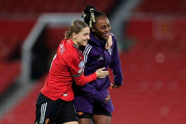 Manchester United, ManU Women v Paris Saint-Germain Feminine UEFA Women s Champions League 12 11 2025. Jess Park (8) and Melvine Malard (9) of Manchester United celebrate the 2-1 victory at the end of the UEFA Women s Champions League match between Manchester United Women and Paris Saint-Germain Feminine at Old Trafford, Manchester, England on 12 November 2025. Manchester Old Trafford Greater Manchester England Editorial use only , Copyright: xConorxMolloyx PSI-23211-0051