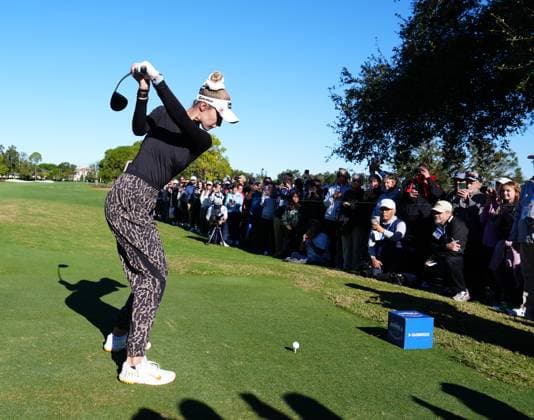 BELLEAIR, FL - NOVEMBER 12: LPGA, Golf Damen golfer Nelly Korda plays her tee shot on the 5th hole during the Pro Am for The Annika driven by Gainbridge at Pelican on November 12, 2025, at the Pelican Golf Club in Belleair, Florida. (Photo by Brian Spurlock Icon Sportswire) GOLF: NOV 12 LPGA The ANNIKA EDITORIAL USE ONLY Icon25111229