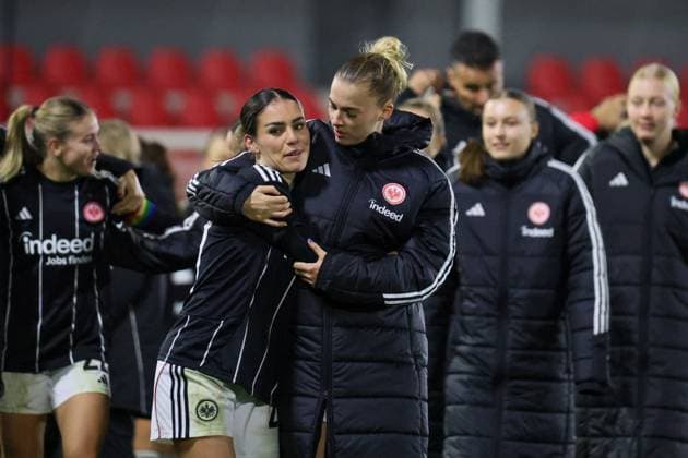 Eindhoven, Netherlands 12 November 2025 Europa Cup Women 1 8 Final 2025 2026 PSV Eindhoven vs Eintracht Frankfurt Pictured from left Ereleta Memeti SGE and Laura Freigang SGE celebrating after the win in Eindhoven De Herdegang Copyright: xFotostandx xFantinix