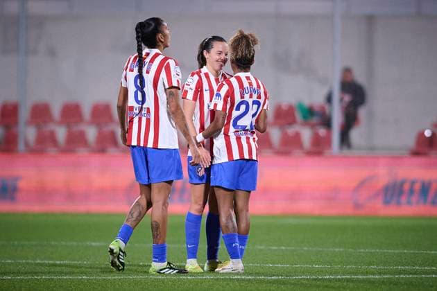 ATLETICO DE MADRID v JUVENTUS. WOMENÂ S CHAMPIONS LEAGUE 2025 2026. ROUND 3. Atletico de Madrid s Gaby Garcia (L), Amaiur Sarriegi (C) and Luany Da Silva celebrate a goal during Women™s Champions League 2025-2026 match. November 12,2025. (ALTERPHOTOS Ropero) Alcala de HenaresSpain  Copyright: xRoperox