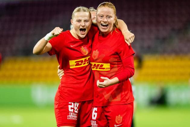 FC Nordsjaelland v Mura, UEFA Women™s Europa Cup, Farum, Denmark Farum, Denmark. 12th, November 2025. Alberte Mott (36) of FC Nordsjaelland scores for 1-0 and celebrates with Cecilie Larsen (28) during the UEFA Women™s Europa Cup match between FC Nordsjaelland and Mura at Right to Dream Park in Farum. Denmark, Farum  Copyright: xGonzalesxPhoto TobiasxJorgensenx