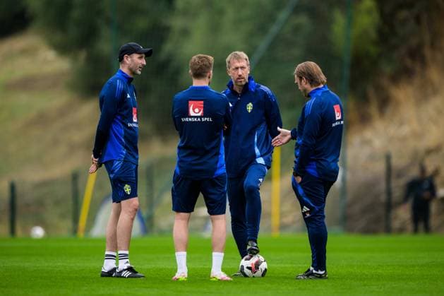 251113 Assistant coach Andreas Georgson, assistant coach Sebastian Larsson, head coach Graham Potter and assistant coach Björn Hamberg of the Swedish national football team during a training session on November 13, 2025 in Marbella Photo Joel Marklund BILDBYRAN kod JM JM0748 bbeng fotboll football soccer fotball vm kval fifa world cup qualifier träning practice training sverige sweden sverige a  Copyright: JOELxMARKLUND BB251113JM011