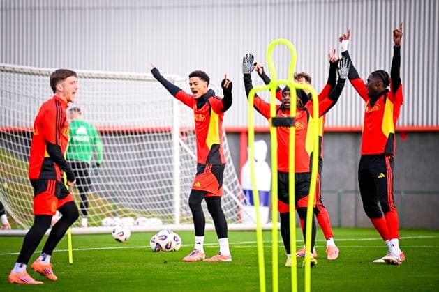 Kazakhstan v Belgium - FIFA World Cup, WM, Weltmeisterschaft, Fussball 2026 UEFA Qualifier - Media Activities 13 11 2025 TUBIZE, BELGIUM - NOVEMBER 13 : De Winter Koni defender of Belgium, Doku Jeremy forward of Belgium and Onana Amadou midfielder of Belgium pictured during a training session of the Belgian National Football team prior to the FIFA World Cup 2026 European Qualifiers match between Kazakhstan and Belgium on November 13, 2025 in Tubize, Belgium, 13 11 2025  Copyright: xTomasxSiskx