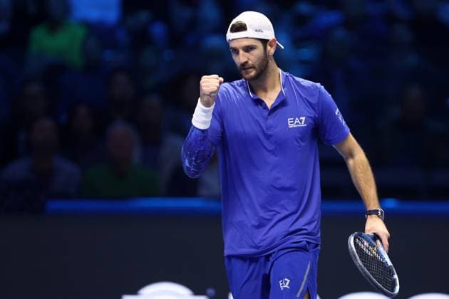 Krawietz Puetz vs Bolelli Vavassori Andrea Vavassori of Italy celebrates during the Round Robin doubles match between Kevin Krawietz of Germany and Tim Puetz of Germany against Simone Bolelli of Italy and Andrea Vavassori of Italy on Day five of the Nitto ATP, Tennis Herren World Tour Finals. Turin Inalpi Arena Italy Copyright: xMarcoxCanonierox