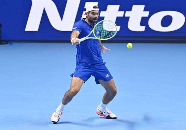 November 13, 2025, Turin, Italy: Simone Bolelli of Italy in action during the Doubles Round Robin match against Kevin Krawietz of Germany and Tim Puetz of Germany at the ATP, Tennis Herren Finals in Turin, Italy, 13 November 2025. ANSA . ATP Finals Tennis Tournament  - ZUMAa110 20251113_zaf_a110_006 Copyright: xAlessandroxDixMarcox