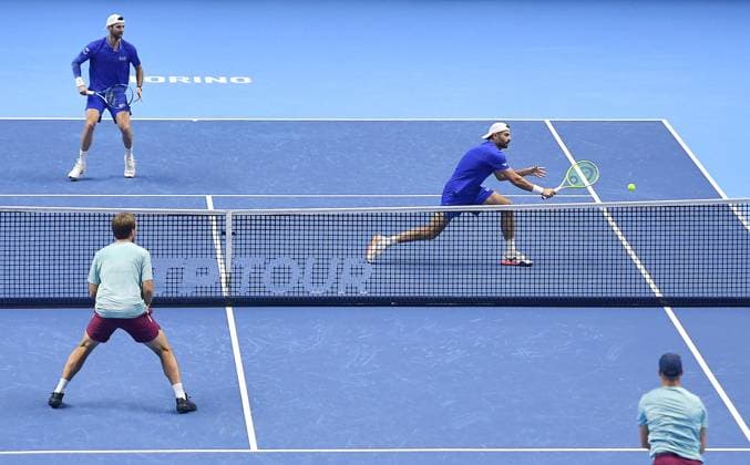 November 13, 2025, Turin, Italy: Simone Bolelli of Italy and Andrea Vavassori of Italy (up) in action during the Doubles Round Robin match against Kevin Krawietz of Germany and Tim Puetz of Germany at the ATP, Tennis Herren Finals in Turin, Italy, 13 November 2025. ANSA ATP Finals Tennis Tournament  - ZUMAa110 20251113_zaf_a110_008 Copyright: xAlessandroxDixMarcox