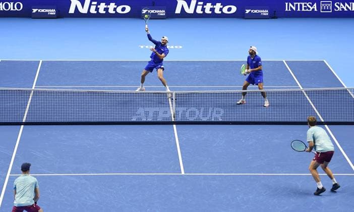 November 13, 2025, Turin, Italy: Simone Bolelli of Italy and Andrea Vavassori of Italy (up) in action during the Doubles Round Robin match against Kevin Krawietz of Germany and Tim Puetz of Germany at the ATP, Tennis Herren Finals in Turin, Italy, 13 November 2025. ANSA ATP Finals Tennis Tournament  - ZUMAa110 20251113_zaf_a110_009 Copyright: xAlessandroxDixMarcox