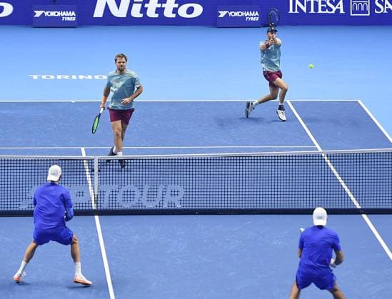 November 13, 2025, Turin, Italy: Kevin Krawietz of Germany and Tim Puetz of Germany (up) in action during the Doubles Round Robin match against Simone Bolelli of Italy and Andrea Vavassori of Italy at the ATP, Tennis Herren Finals in Turin, Italy, 13 November 2025. ANSA . ATP Finals Tennis Tournament  - ZUMAa110 20251113_zaf_a110_013 Copyright: xAlessandroxDixMarcox