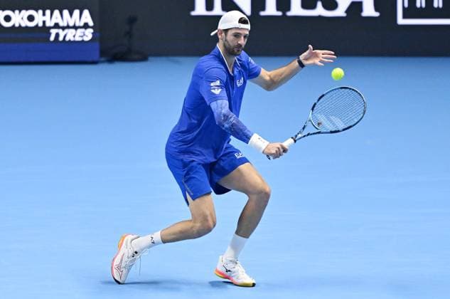 November 13, 2025, Turin, Italy: Andrea Vavassori of Italy in action during the Doubles Round Robin match against Kevin Krawietz of Germany and Tim Puetz of Germany at the ATP, Tennis Herren Finals in Turin, Italy, 13 November 2025. ANSA . ATP Finals Tennis Tournament  - ZUMAa110 20251113_zaf_a110_014 Copyright: xAlessandroxDixMarcox