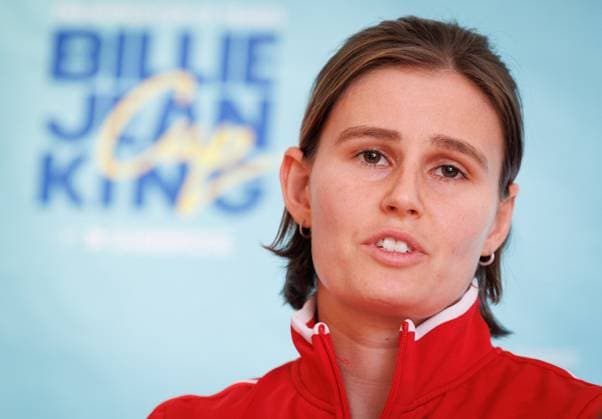 Belgian Greet Minnen answers questions during a press conference, PK, Pressekonferenz of the Belgian tennis players competing in the upcoming Billie Jean King Cup Play-offs, on Thursday 13 November 2025 in Ismaning, Germany. This weekend Belgium will meet Germany and Turkey. PHOTO BENOITxDOPPAGNE  x141317475x