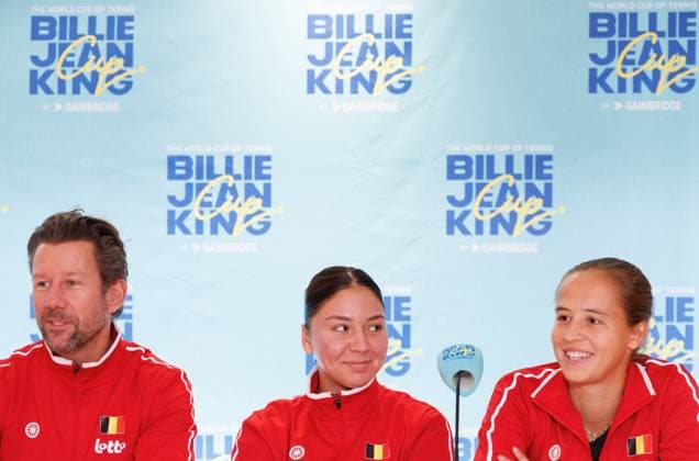 Belgian team captain Wim Fissette, Belgian Sofia Costoulas and Belgian Hanne Vandewinkel pictured during a press conference, PK, Pressekonferenz of the Belgian tennis players competing in the upcoming Billie Jean King Cup Play-offs, on Thursday 13 November 2025 in Ismaning, Germany. This weekend Belgium will meet Germany and Turkey. PHOTO BENOITxDOPPAGNE  x141323677x