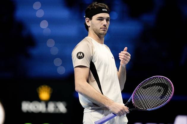 United States™ Taylor Fritz react during the singles tennis match of the ATP, Tennis Herren World Tour Finals against Australia s Alex de Minaur at the Inalpi Arena in Turin, Italy - Thursday, Nov. 13, 2025. -  Copyright: xMarcoxAlpozzi LaPressex