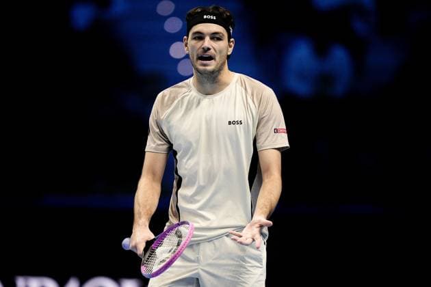 United States™ Taylor Fritz react during the singles tennis match of the ATP, Tennis Herren World Tour Finals against Australia s Alex de Minaur at the Inalpi Arena in Turin, Italy - Thursday, Nov. 13, 2025. -  Copyright: xMarcoxAlpozzi LaPressex