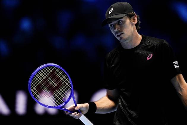 Australia s Alex de Minaur react during the singles tennis match of the ATP, Tennis Herren World Tour Finals against United States™ Taylor Fritz at the Inalpi Arena in Turin, Italy - Thursday, Nov. 13, 2025. -  Copyright: xMarcoxAlpozzi LaPressex